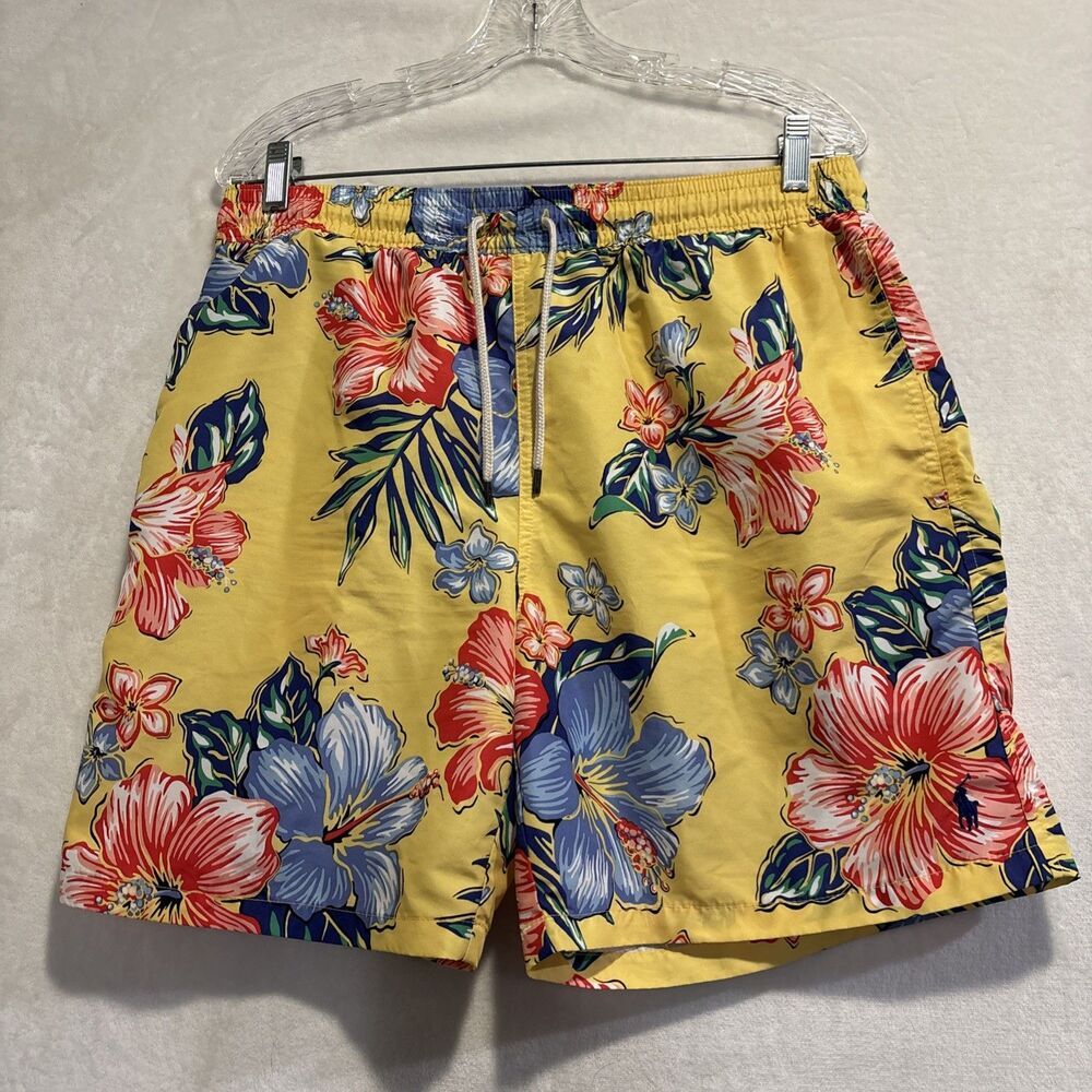Polo Ralph Lauren Long Swim Trunks Men's Large Yellow Hibiscus Floral Traveler